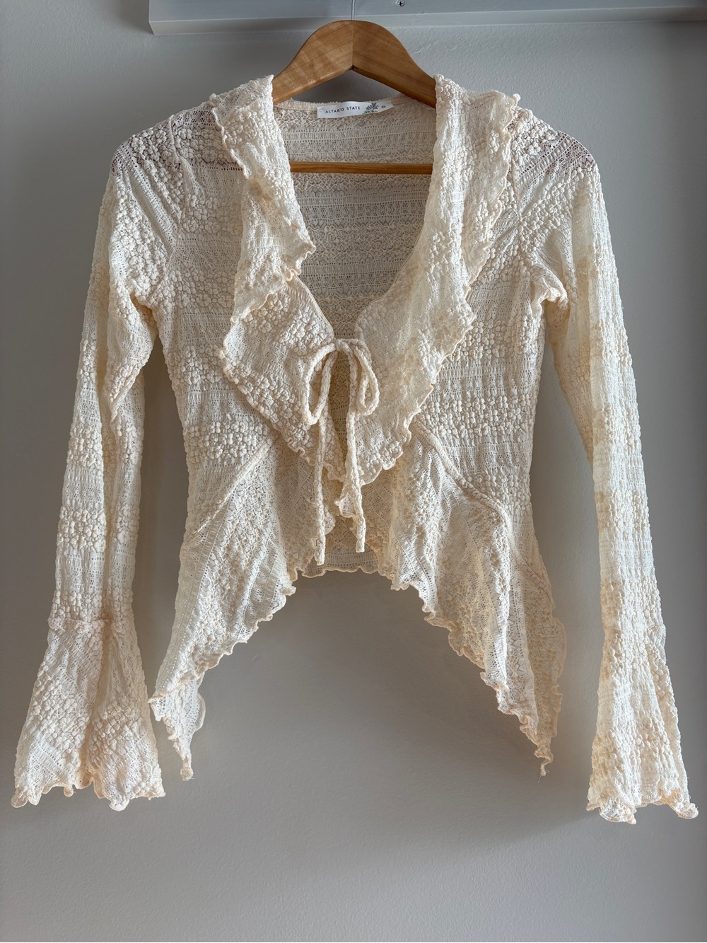 Altar'd State Cream Ruffle Tie-Front Lace Cardigan Sweater